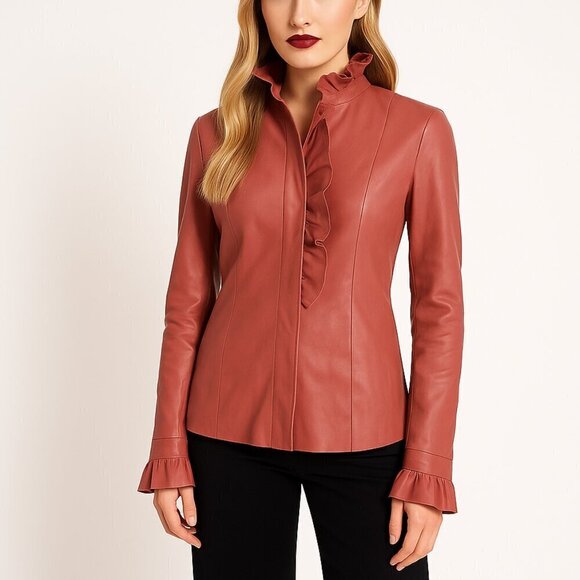 DROMe Tops - DROMe Lamb Leather Ruffle Jacket in Blush NWOT Made in Italy